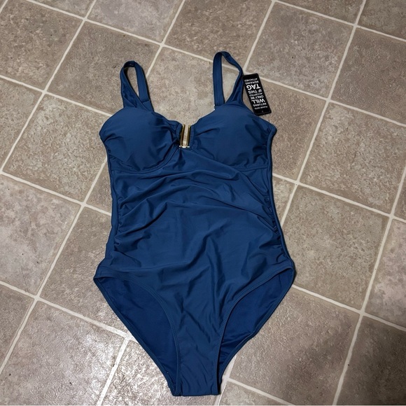 Chic Blue One-Piece Swimsuit with Gold Accent - Picture 4 of 9